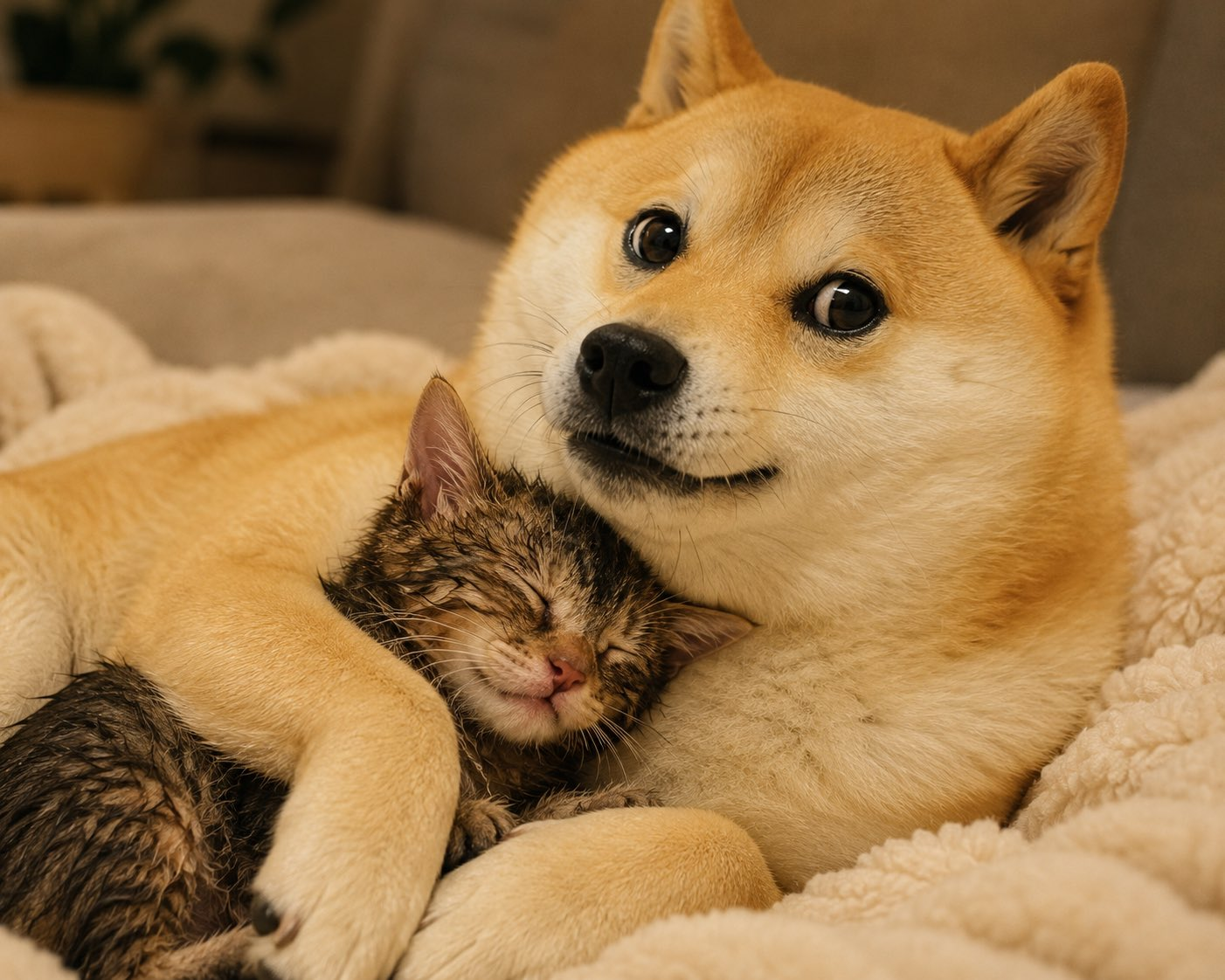 Cat napping in the arms of Doge