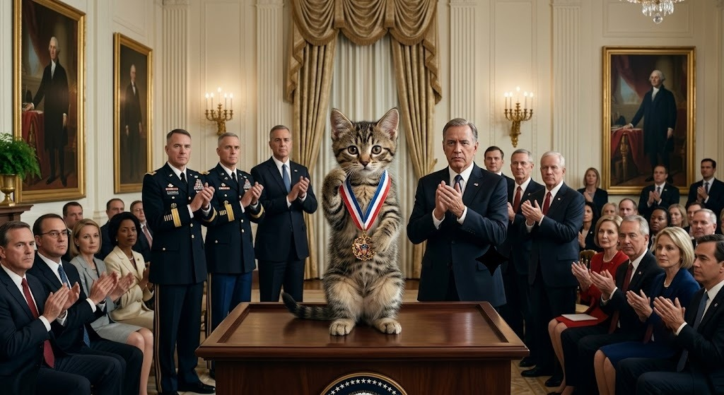Cat receiving a medal in a formal ceremony