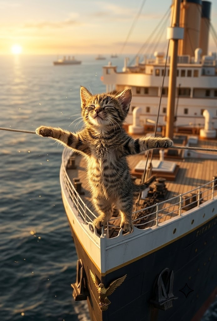 Cat at the bow of the ship at golden hour