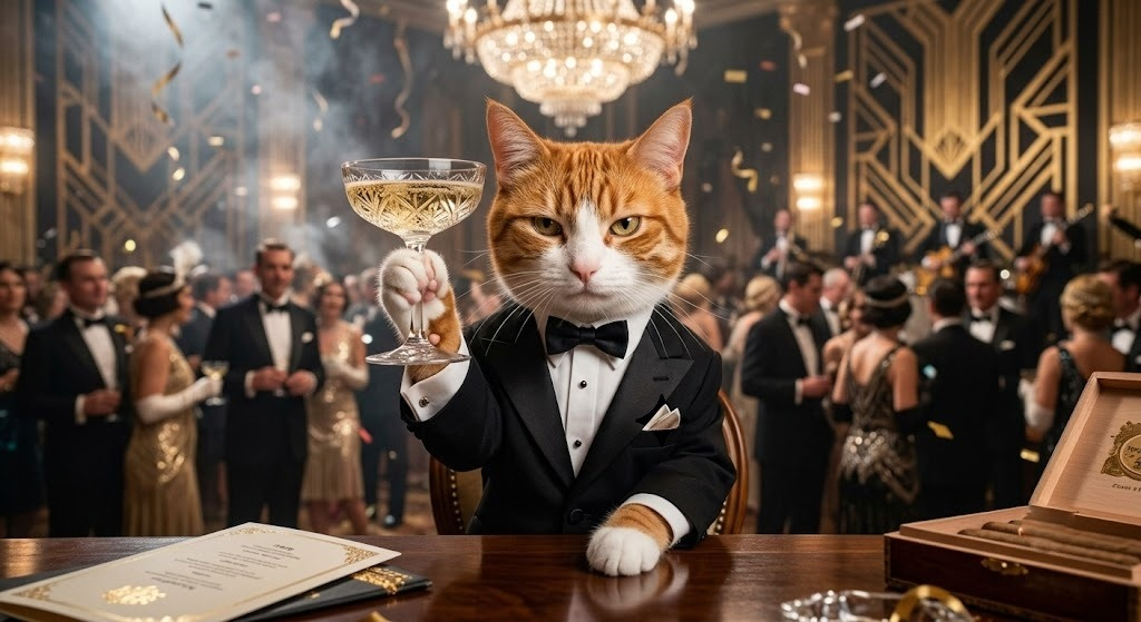 Cat toasting champagne at a gilded gala