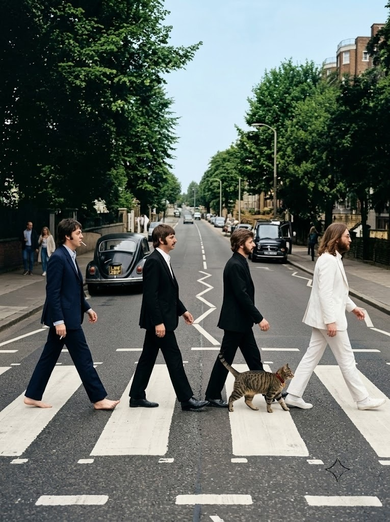Cat crossing Abbey Road with the band