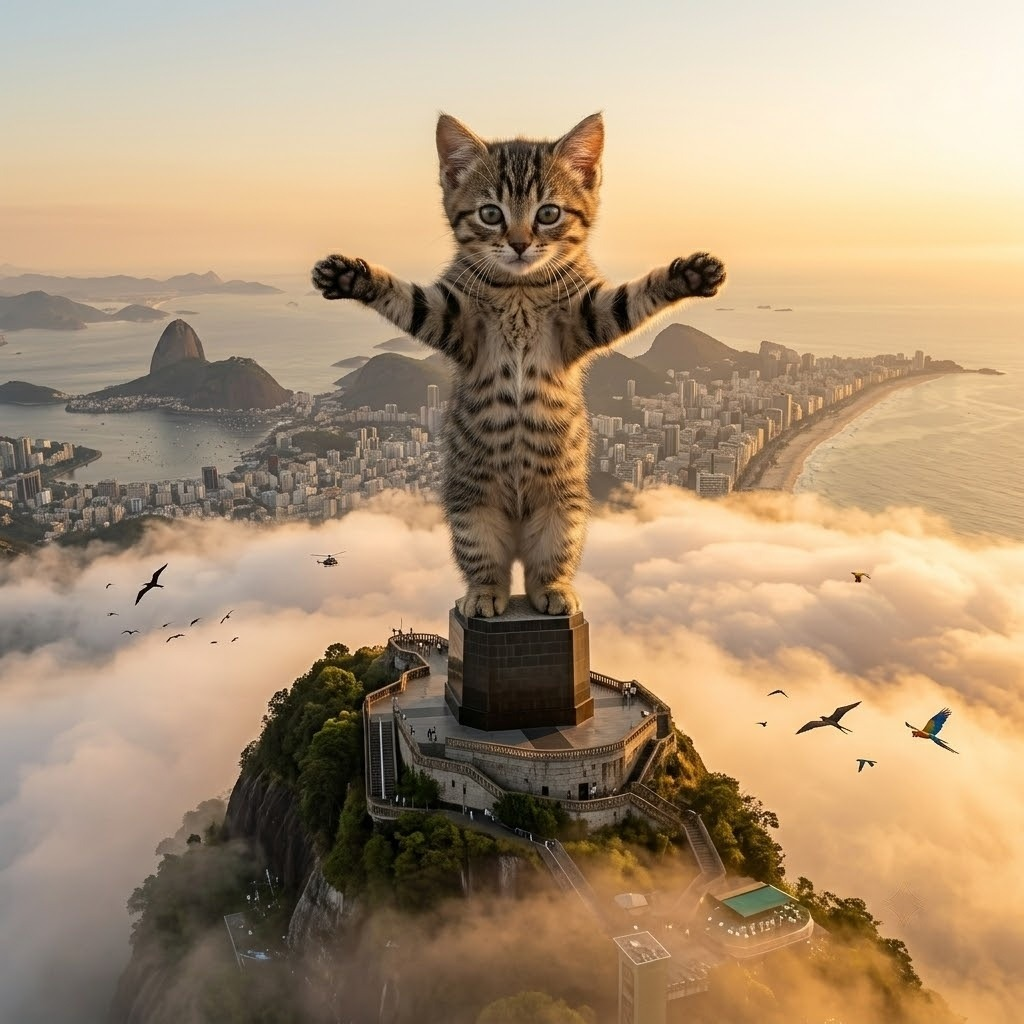 Cat as Christ the Redeemer above Rio