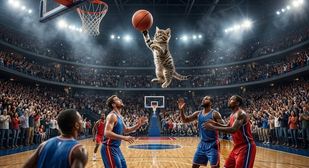 Cat soaring for a basketball dunk in a packed arena