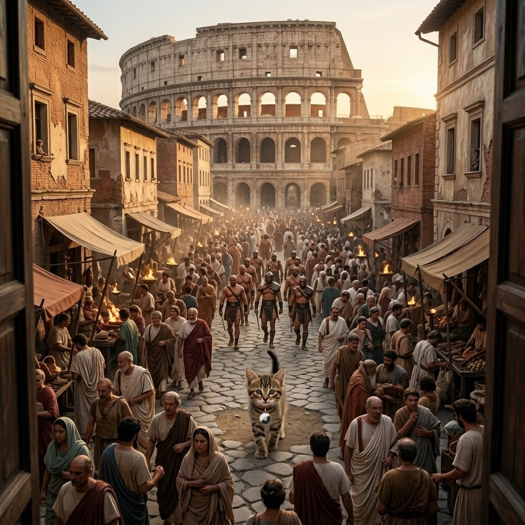 Cat strolling through ancient Rome by the Colosseum