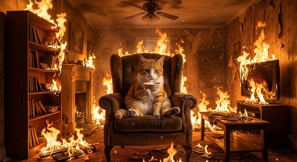 Cat calmly sipping tea in a burning room