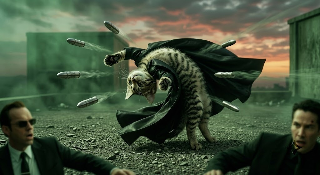 Cat bending bullets in a cinematic action scene