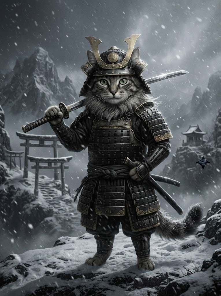 Cat as a samurai in the snow
