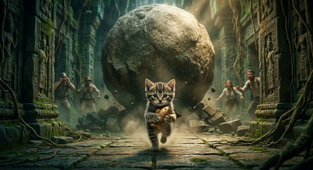 Cat escaping the temple with a golden fish